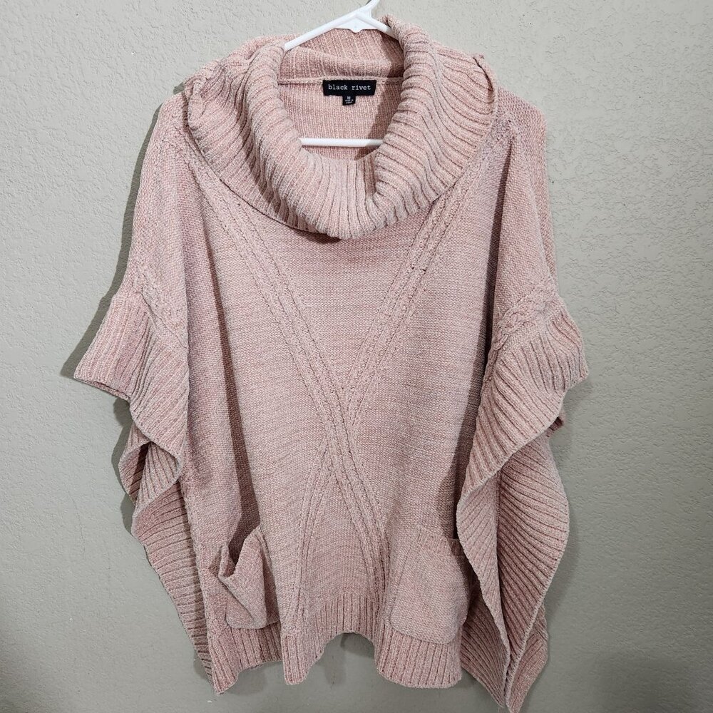 Black Rivet Knit Cowl Neck Poncho Sweater Accented Pockets Medium Soft Cottageco